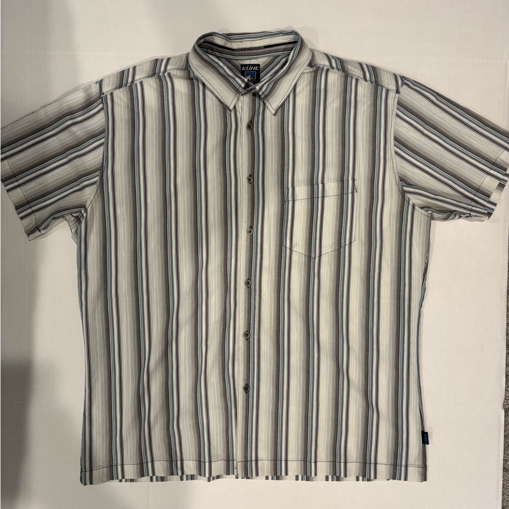 Kuhl Mens Xl Suncel Short Sleeve Button Up Shirt Striped White Blue Grey